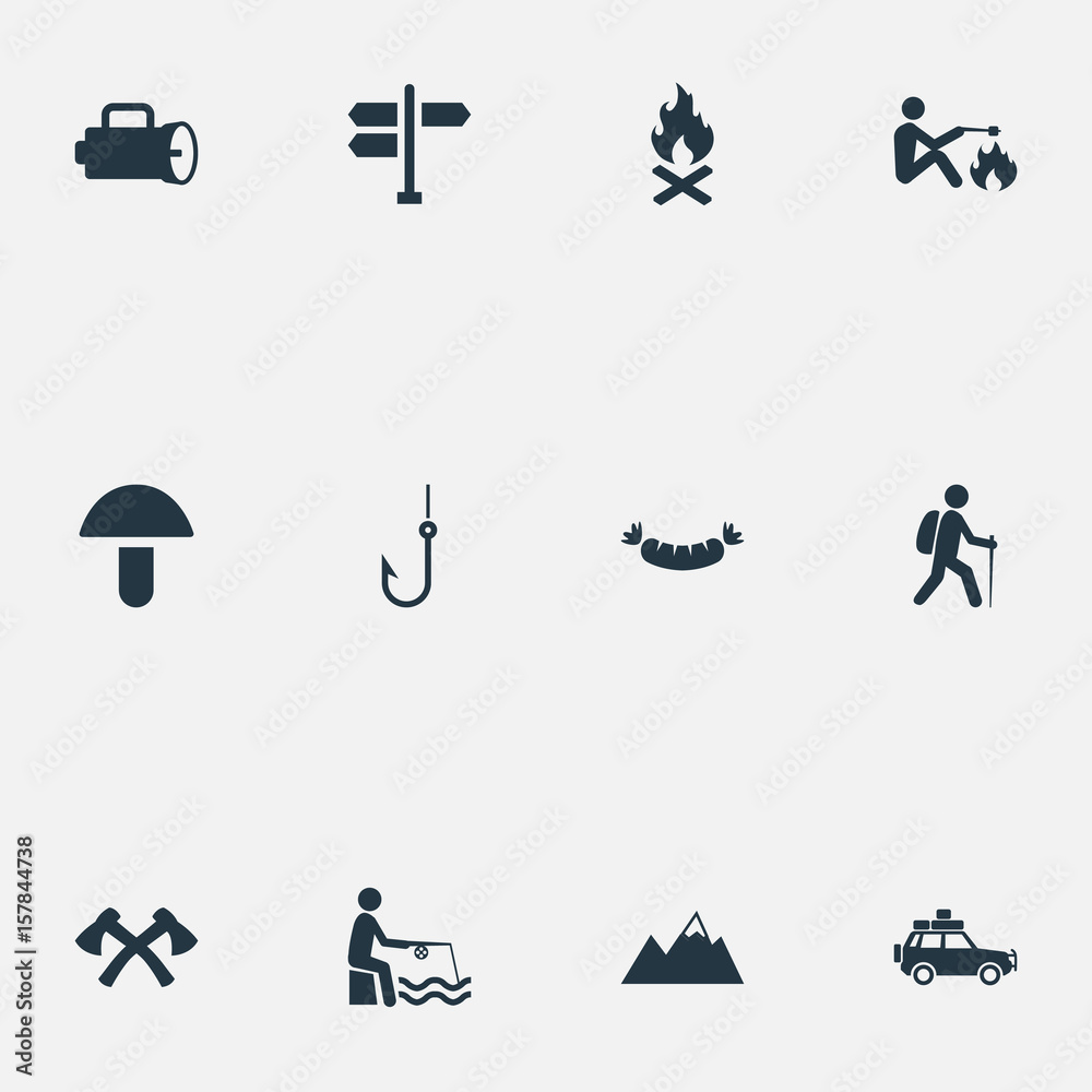 Vector Illustration Set Of Simple Tourism Icons. Elements Champignon,  Lantern, Fisherman Tackle And Other Synonyms Lamp, Sign And Hiker. Stock  Vector | Adobe Stock