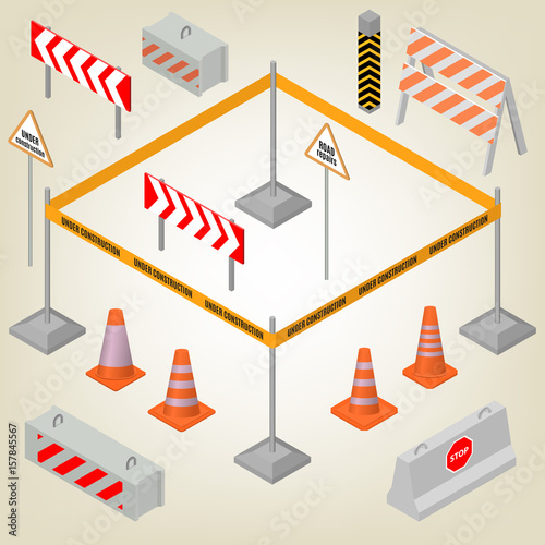 Set of road signs repairs in isometric, vector illustration.