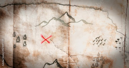 Fly over fake pirate vintage old map with red cross of place with treasure chest
