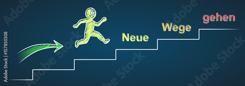 Männchen springt freudig und dynamisch die Treppe hoch: Neue Wege gehen / Vektor