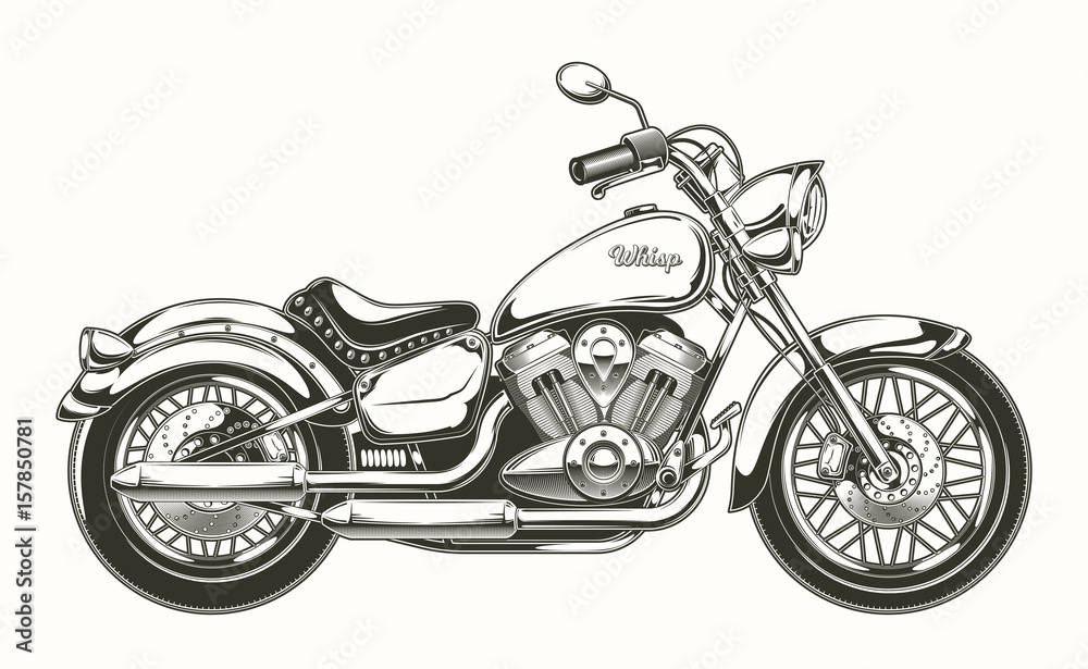 Vector illustration of hand-drawn vintage motorcycle. Classic chopper in ink style. Print, engraving, template, design element