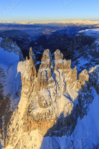 Aerial view of Catinaccio Group and Vajolet Towers at sunset. Sciliar Natural Park Dolomites Trentino Alto Adige Italy Europe