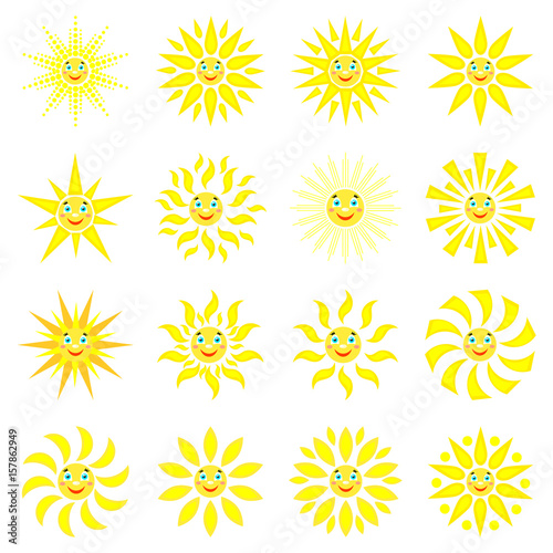 Smiling sun with rays of different shapes. Set of 16 icons on a white background. Vector image in a cartoon style