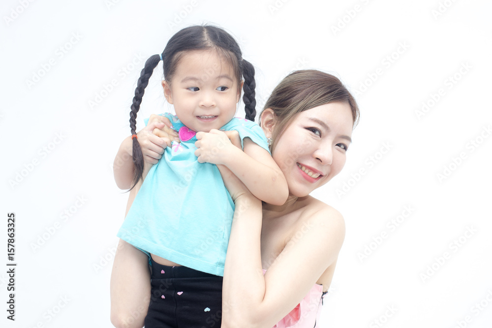 woman hodling kid with smiling emotion, isolated on white background. woman hodling kid with smiling emotion, isolated on white background.