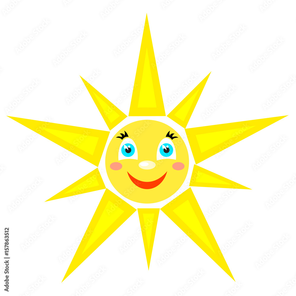 Smiling sun with rays of different shapes. Icon on a white background. Vector image in a cartoon style
