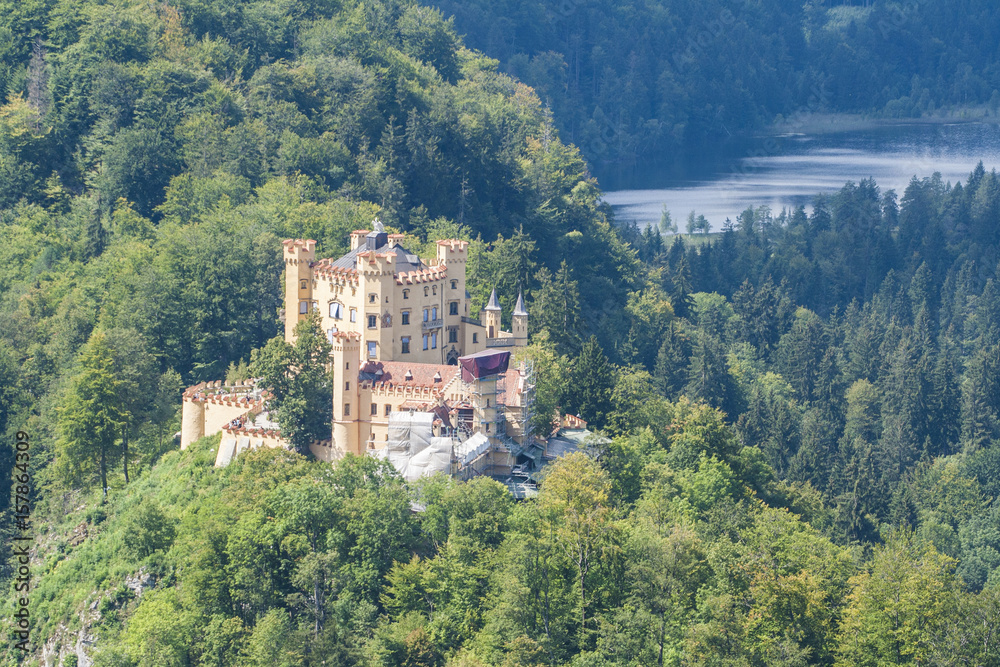 Hohenschwangau castle surrounded by woods Fussen  Bavaria southern Germany Europe