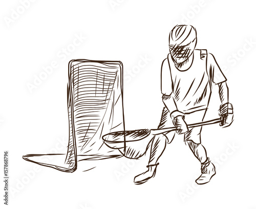 Hand drawn sketch of Lacrosse player with net in vector illustration.