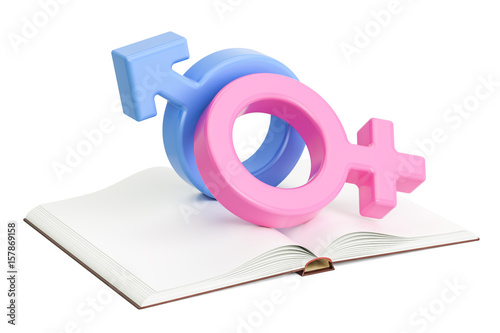 Opened blank book with female and male gender symbols, 3D rendering photo