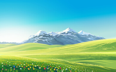 Acrylglasbilder Blau Mountain landscape with alpine meadows, raster illustration.  © Rustic