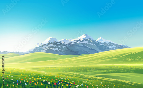 Mountain landscape with alpine meadows, raster illustration.
