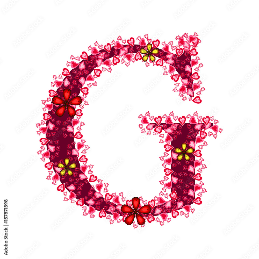 Alphabet of hearts. Red letter with hearts and flowers for your design. Flat color style. Vector illustration