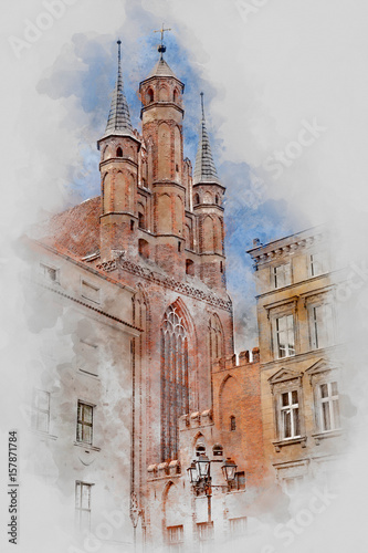 Church, Old Town in Torun, Poland, digital watercolor illustration