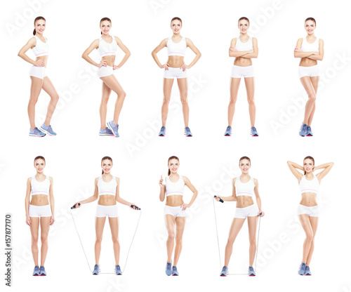 Young, sporty and fit girl in white underwear. Isolated background. Set collection. Fitness Concept.