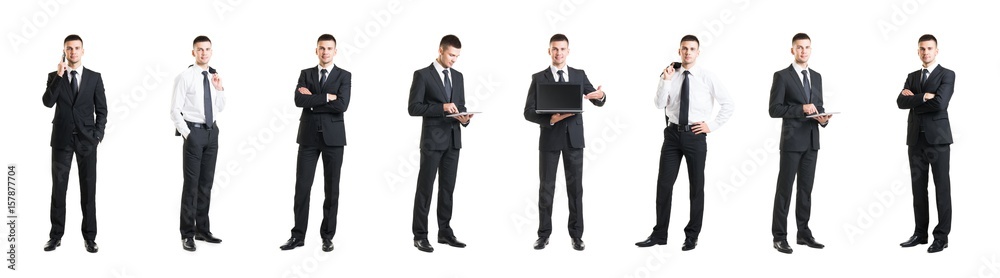 Set of a young and handsome businessman isolated on white. Business, career, job, concept. Set of a young and handsome businessman isolated on white. Business, career, job, concept.