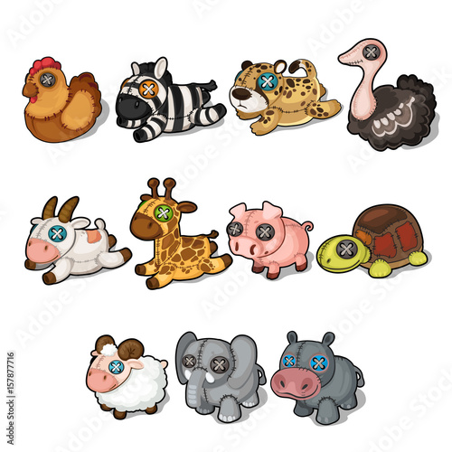 Set of soft toys from different animals and birds