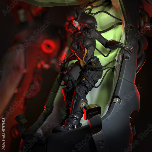 Photos 3D rendering science fiction female pilot in cryopod