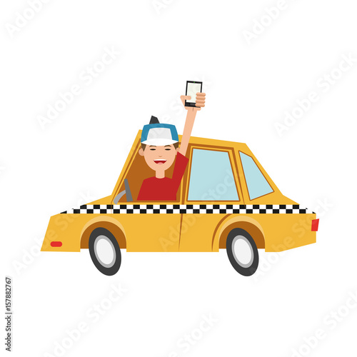 excited man holding cellphone while driving classic taxi icon image vector illustration design 