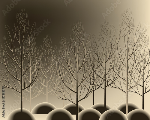 Beautiful hand drawn branches forest without leaves. Nice autumn tree.