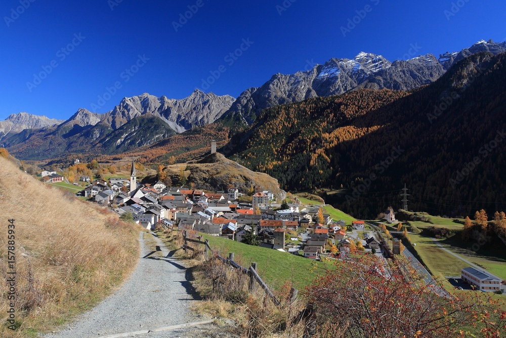 The valley of lower Engadine near Ardez, pretty village near the peaks known as 