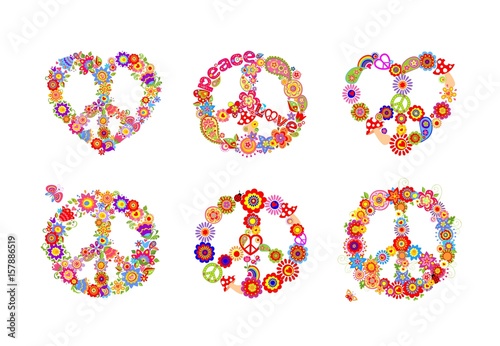 Hippie peace flowers symbols collection
