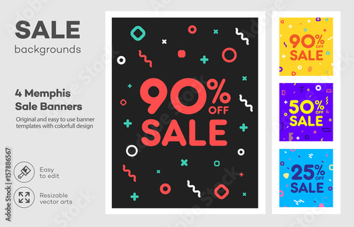 Set of modern colorful poster, banner, flyer template in the Memphis style. Big Sale. Special offer discount.