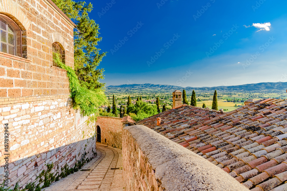 View of the city and small lanes of the town of Spello in Umbria Italy province of Perugia Italy