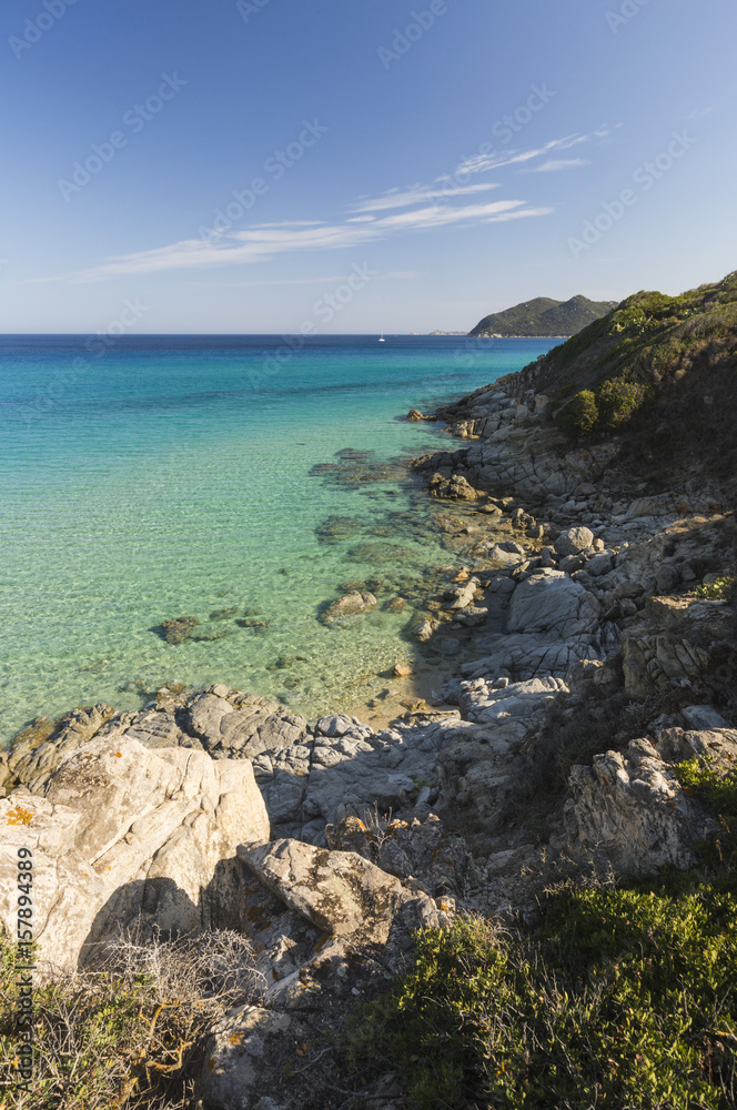 The mediterranean vegetation frames the turquoise sea of Cala Monte Turno Castiadas Cagliari Sardinia Italy Europe