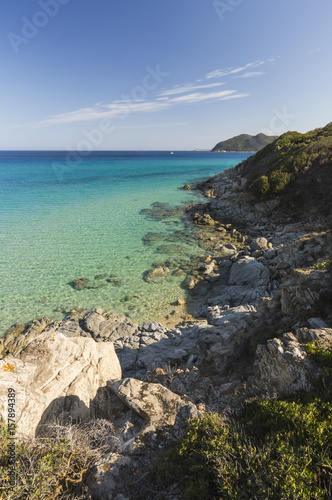 The mediterranean vegetation frames the turquoise sea of Cala Monte Turno Castiadas Cagliari Sardinia Italy Europe