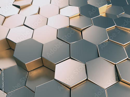 Fototapeta Naklejka Na Ścianę i Meble -  Hexagonal metal background. Silver, alluminium 3d rendering