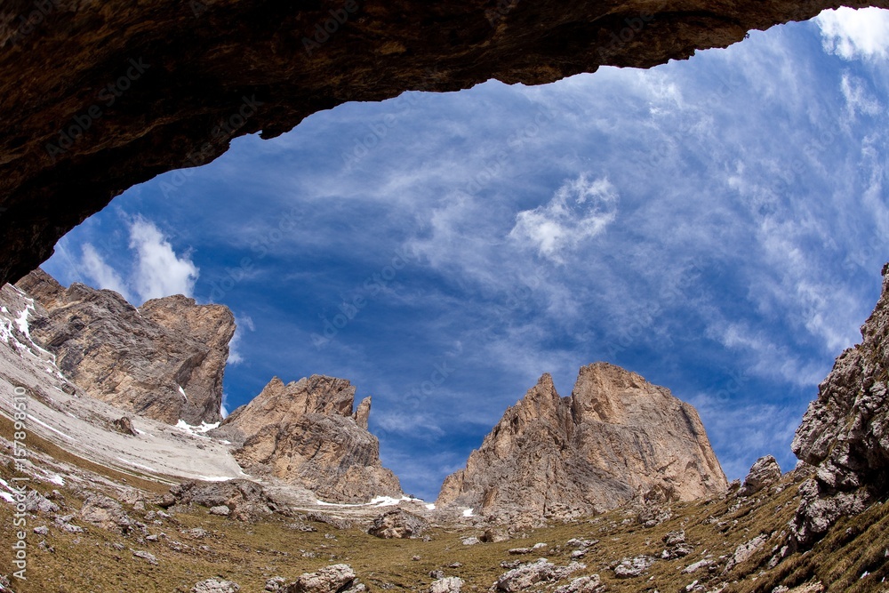 A panoramic view of the Langkofel group from a well-equipped path running around it, here by the Sella Pass - Dolomites, South Tyrol, Trentino Alto Adige Italy Europe