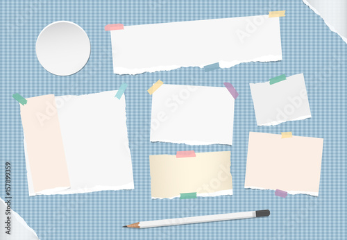 Ripped note, notebook, copybook stuck with sticky tape, white pencil on blue squared background, grey ripped paper in corners, circle badges, buttons.