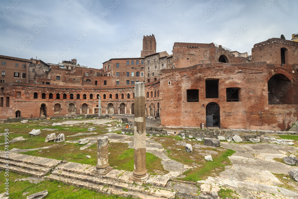 The dusk lights on the Trajan Forum and ruins of the ancient Roman Empire Rome Lazio Italy Europe