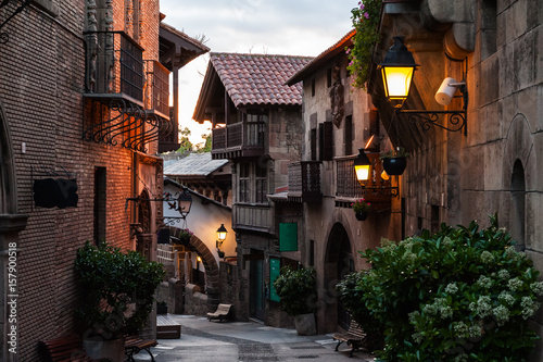 Traditional street of medieval Spanish village at Barcelona town, Catalonia, Spain