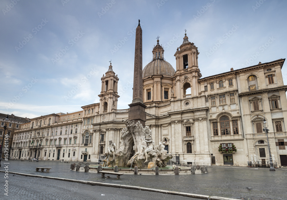 View of Piazza Navona with Fountain of the Four Rivers and the Egyptian obelisk in the middle Rome Lazio Italy Europe