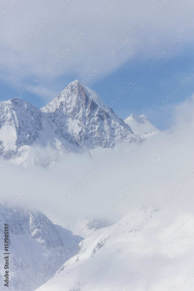 Aletsch Glacier seen from Betterhorn surrounded by snow Bettmeralp district of Raron canton of Valais.Switzerland Europe