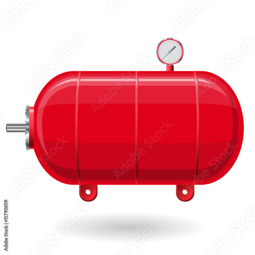 Red pressure vessel for water, gas, air. Pressure tank for storage of material, water. Valves, measuring unit, handles. Flatten icon illustration.