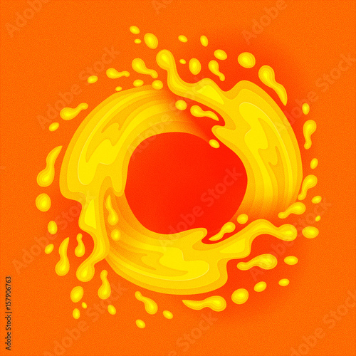 Orange juice frame. Splashes of juice flow in a circle. Water concept. Paper cut style. Applique. Paper, cloth. Vector illustration.