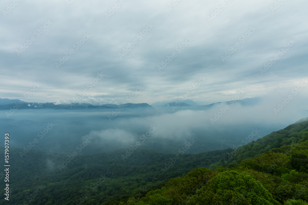 Blue mountains in fog and green summer valley