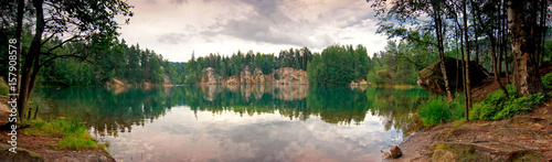 Panorama view of flooded sandstone quarry in the national nature reserve Adrspach-Teplice Rocks. Wonderful lake with crystal clear water and the white sandy beaches. Czech republic, Europe. photo
