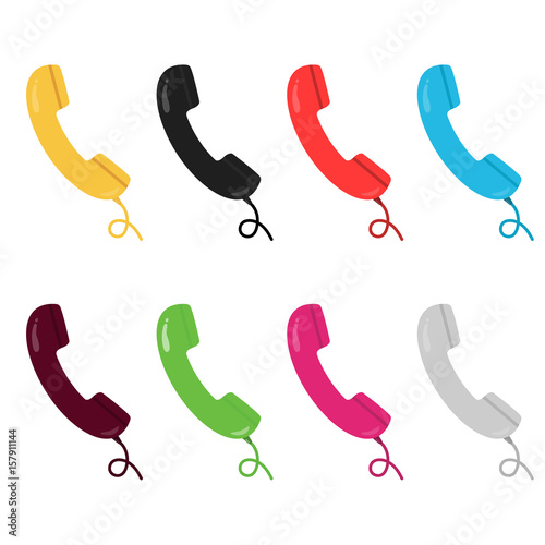 Colorful black, yellow, red and blue and many other colours retro style handsets with wire. Telephone, communication. Vector illustration