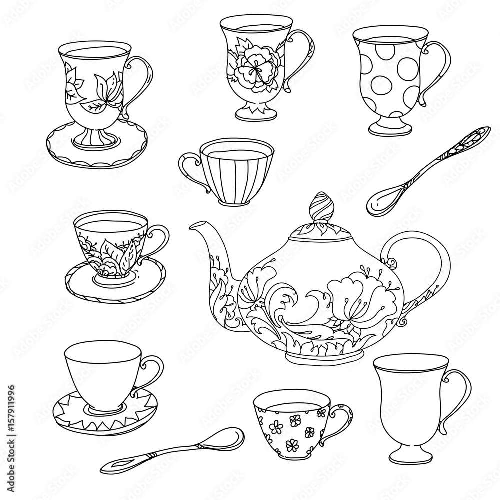 Honey tea with cups .Hand drawn vector illustration