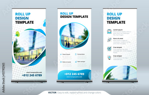 Business Roll Up Banner stand. Presentation concept. Abstract modern roll up background. Vertical roll up template billboard, banner stand or flag design layout. Poster for conference, forum, shop