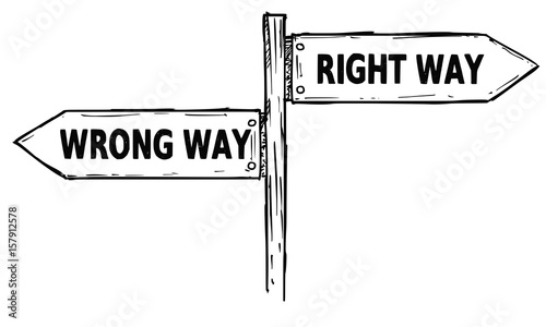 Cartoon Vector Direction Sign with Two Decision Arrows Right and Wrong Way