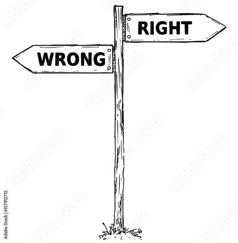 Cartoon Vector Direction Sign with Two Decision Arrows Righ and Wrong