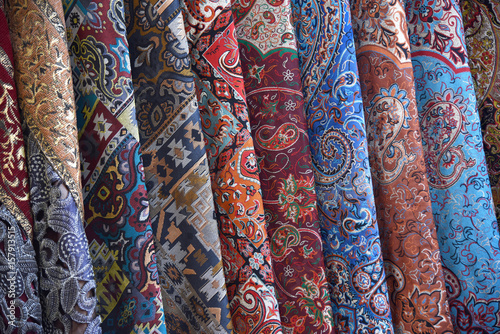 Fabrics with traditional Persian patterns. Grand Bazaar, Naqsh-e Jahan Square, Isfahan,Iran.