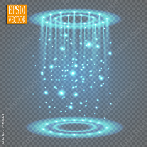  Magic fantasy portal. Futuristic teleport.
Light effect. Blue candles rays of a night scene with sparks on a transparent background. Empty light effect of the podium. Disco club dancefloor. 
