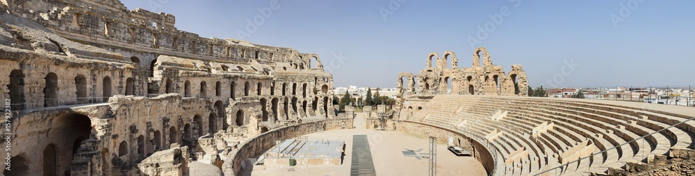 wide angle panorama of antique amphitheater in Tunisia