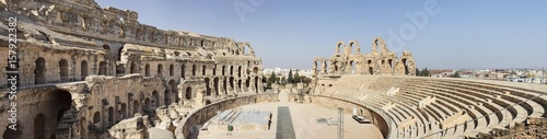 wide angle panorama of antique amphitheater in Tunisia