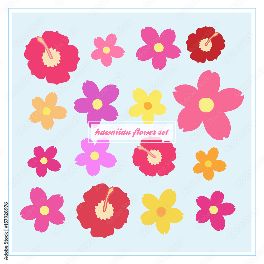 Hawaiian flower vector set, hibiscus and oleander blossom icons, colorful  floral set. Vector illustration doodle cartoon drawing collection. Stock  Vector | Adobe Stock