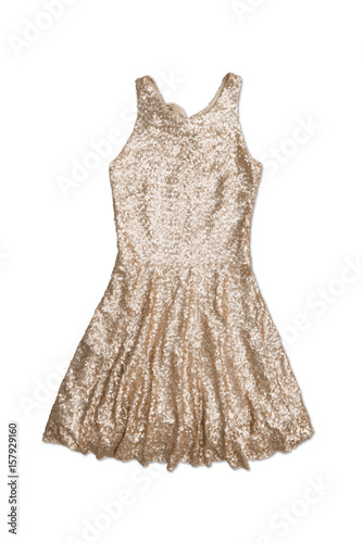 golden sequin party dress, isolated on white background
